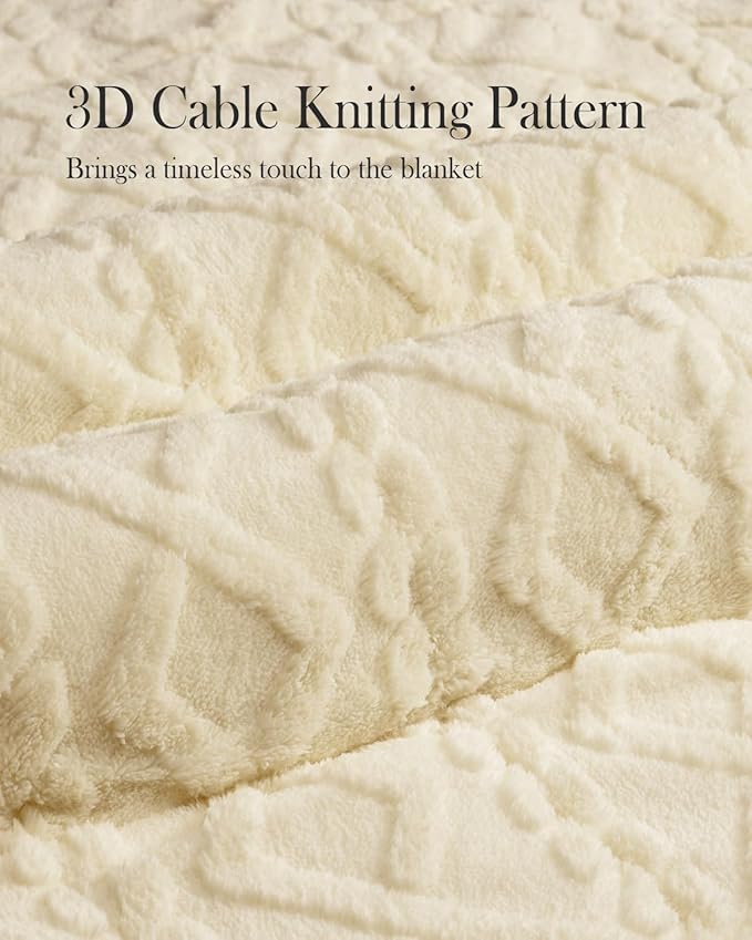 Topblan Weighted Blanket Twin Size 15 Pounds, Soft Weighted Blanket with Doubled-Sized Shaggy Sherpa, Jacquard Knitted Stylish Warm Weighted Blankets Throw for Better Sleep, Beige, 48 x 72 inches