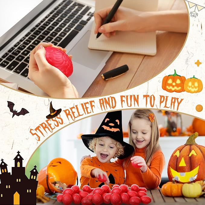 Leitee 12 Pcs Brain Stress Balls Bulk Large Halloween Brain Toys PU Hand Muscle Exercise Pressure Ball Funny Stress Relief Toy for Teens Adult Improving Grip Strength Prop(Red)