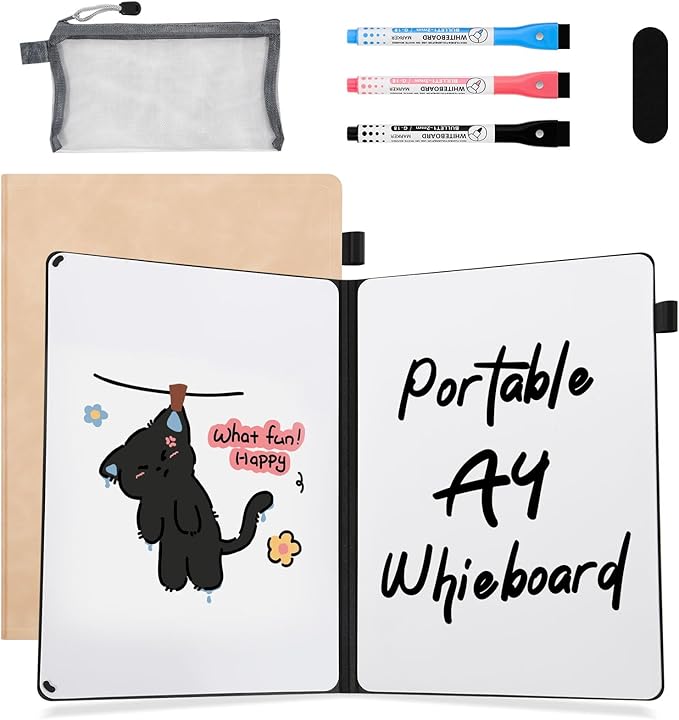 AGM Portable White Board Dry Erase Notebook, 12" x 9" Double Sided Folding Whiteboards with 3 Pens, Small Travel Dry Erase Board Skin-Friendly Material for Study, Meeting, Planning, Tuscan