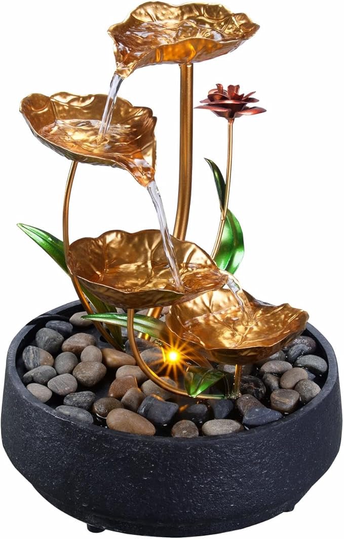 Tabletop Fountain Metal Lotus Circulating Fountain Water Feature for Zen Home Decor Warm Yellow Scene Light(23034)