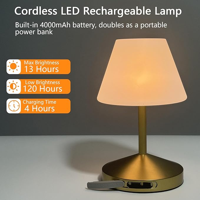 OUTON Rechargeable Cordless Waterproof Shower & Table Lamp with USB Output, Touch Dimming, 3 Colors, Power Indicator & Memory Function, LED Desk Lamp, Battery Operated Light for Indoor & Outdoor, Gold