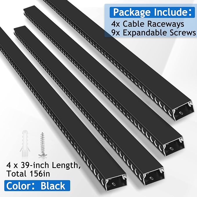 ZhiYo Cable Raceway 156in(4X L39in), Server Rack Cable Management Under Desk Cord Organizer, Electrical Safe PVC Cable Channel Open Slot Wire Raceway for Network/PC/TVs, Wire Duct H1 x W1.6in Black