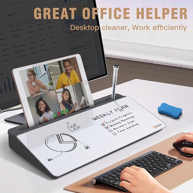 SELEAD Desktop Glass Whiteboard with Organizer, Markers, Eraser, Holder - Small Dry Erase White Board Computer Pad Keyboard Stand for Home, School, Office Desk Accessories - Grey
