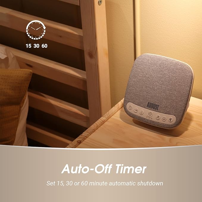 Portable White Noise Sound Machine - August SE160 - Calming, Ambient Sleep Therapy - 14 Soothing Sounds for Babies, Children, Adults - Sleep Aid with Timer - 60-Hour Battery - USB-C Charging - White