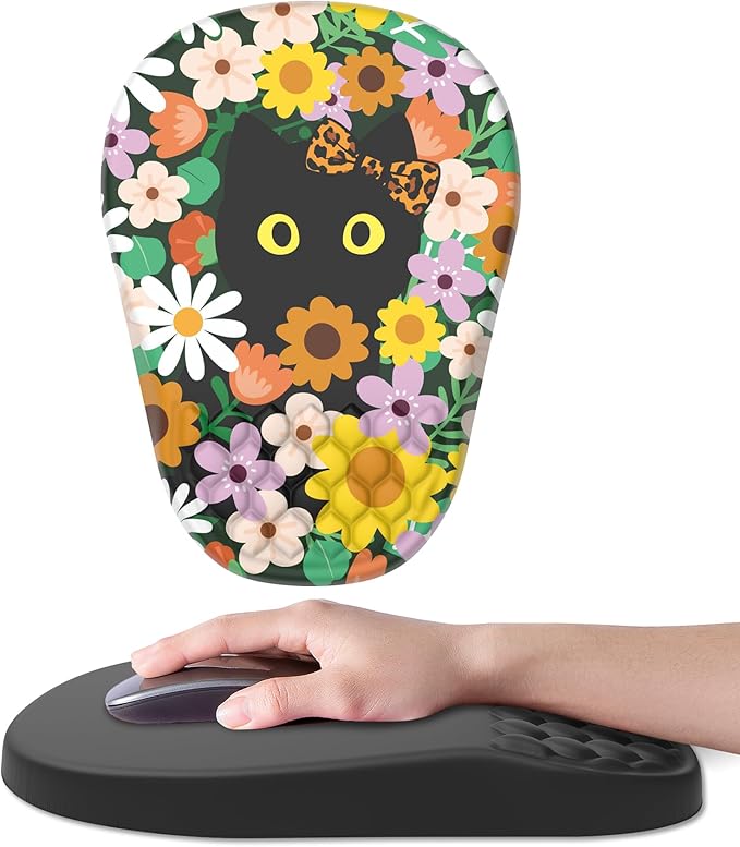 Ergonomic Mouse Pad Wrist Support, with Memory Foam & Non-Slip PU Base, Comfortable Massage Design Mouse Pad Relieve Wrist Fatigue&Pain, Suitable for Computer, Office and Home(06Flower Cat)