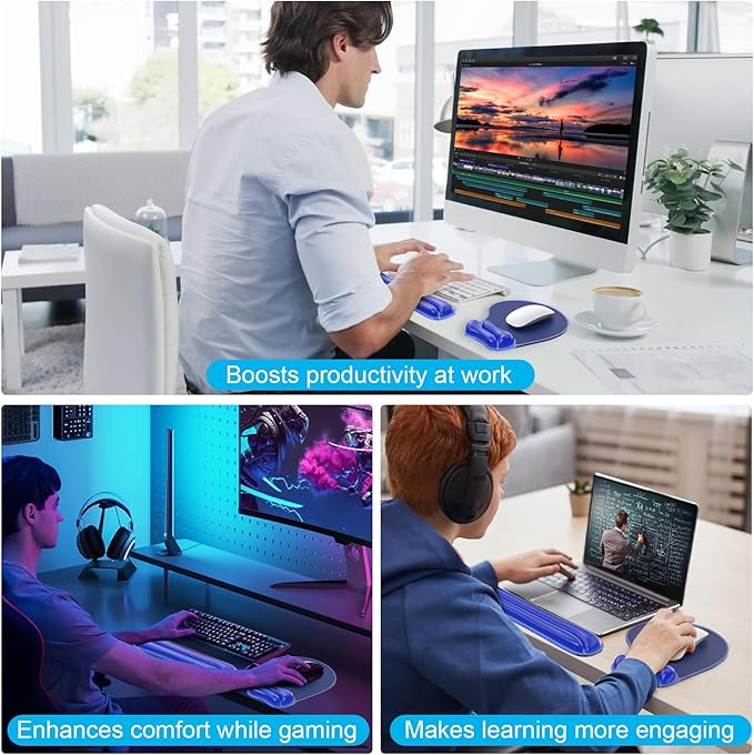 Gel Mouse pad & Keyboard Wrist Rest Set, Ergonomic Keyboard and Mousepad with Wrist Support, Keyboards Wrist Rest, Computer Keyboards Pad, Cooling Gel Blue