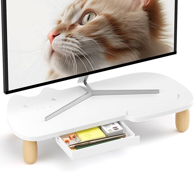 Monitor Stand Riser,Cat-Shaped Sturdy Wood Computer Monitor Stand, Monitor Stand Riser, Multi-Purpose Desktop Organizer Riser for Computer,Laptop,Printer,TV,White