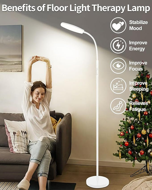 Light Therapy Lamp, 10000 Lux UV-Free Happy Therapy Lamp, Full Spectrum Sunlight Lamp with Remote Control, Light Therapy Floor Lamp with 10 Color Temperature & 6 Brightness & Timer-White