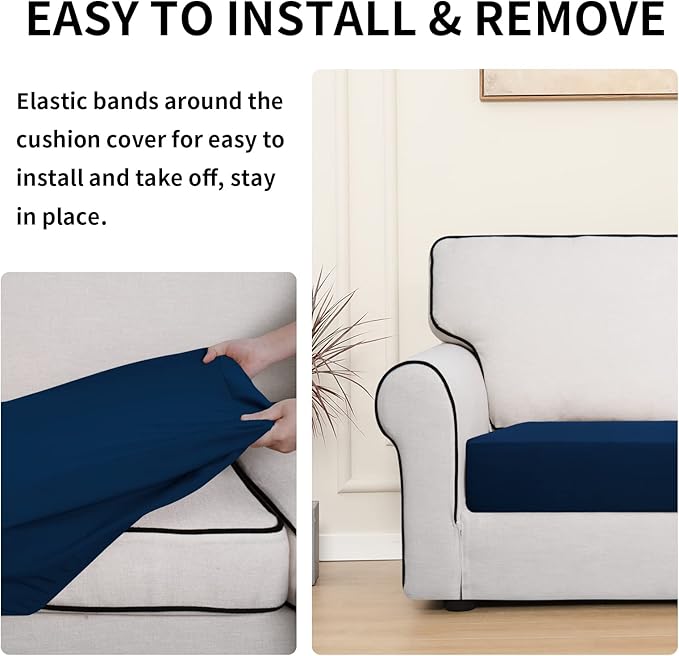 Easy-Going 100% Waterproof Chair Oversized Sofa Seat Cushion Slipcovers Couch Cushion Cover Stretch Furniture Protector for Kids, Pets (3-Piece Oversized Sofa Cushion, Navy)