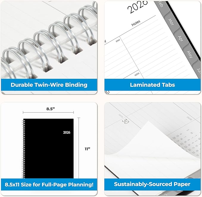Blue Sky 2026 Weekly and Monthly Planner Calendar, Includes January 2026 - December 2026, 8.5" x 11", Flexible Cover, Wirebound, Laminated Tabs, Storage Pocket, Enterprise