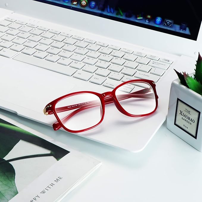 VisionGlobal Blue Light Blocking Glasses for Women, Anti Eyestrain, Computer Reading, TV Glasses, Stylish Square Frame, Anti Glare (Red, 3.00 Magnification)