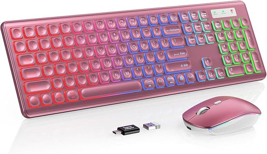 Wireless Keyboard and Mouse Combo - RGB Backlit, Rechargeable & Light Up Letters, Full-Size, Ergonomic Tilt Angle, Sleep Mode, 2.4GHz Quiet Keyboard Mouse for Mac, Windows, Laptop, PC