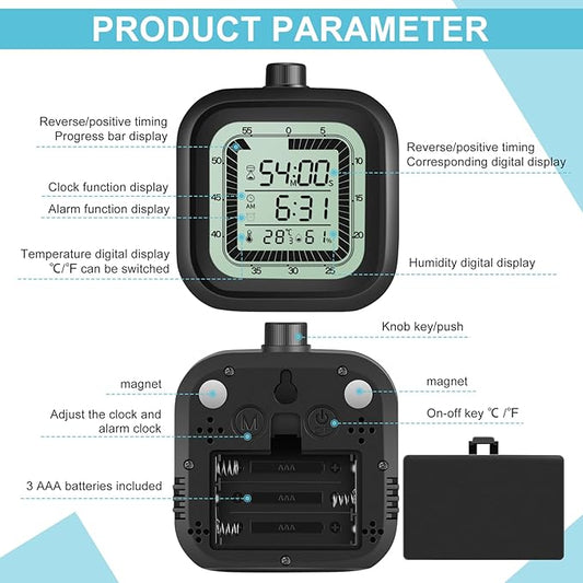 Visual Timer for Kids with Alarm Clock Countdown Count-up 1-60 Minutes Kitchen Timer Student Bathroom Shower Clock Training Timer with Digital Thermometer Hygrometer Black
