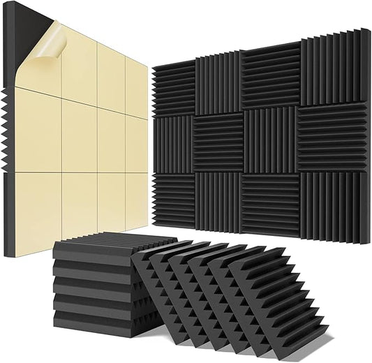 12 Pack Self-Adhesive Acoustic Panels - 2”X 12”X 12”Wall Panels - Quick-Recovery and High Density Sound Panels - Sound Proof Acoustic Foam for Home Studio - Black