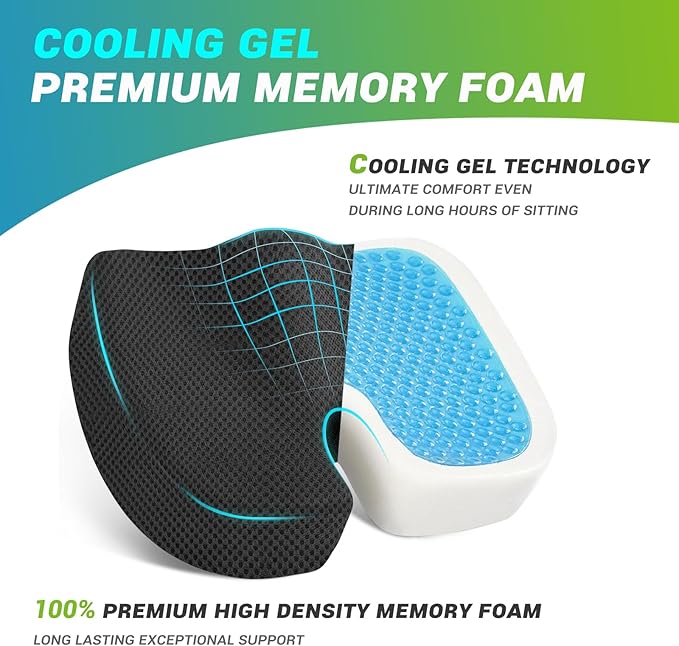 Cooling Gel Enhanced Memory Foam Orthopedic Support Cushion for Long Sitting - Back, Sciatica, Coccyx, Tailbone Pain Relief Pillow - for Office, Gaming, Car, Wheelchair