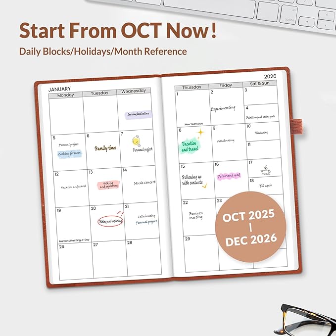 SUNEE 2026 Pocket Weekly Planner for Purse 3.5" x 6" - 12 Month (January 2026 - December 2026), Small Size Planner, Hardcover, Note, Brown