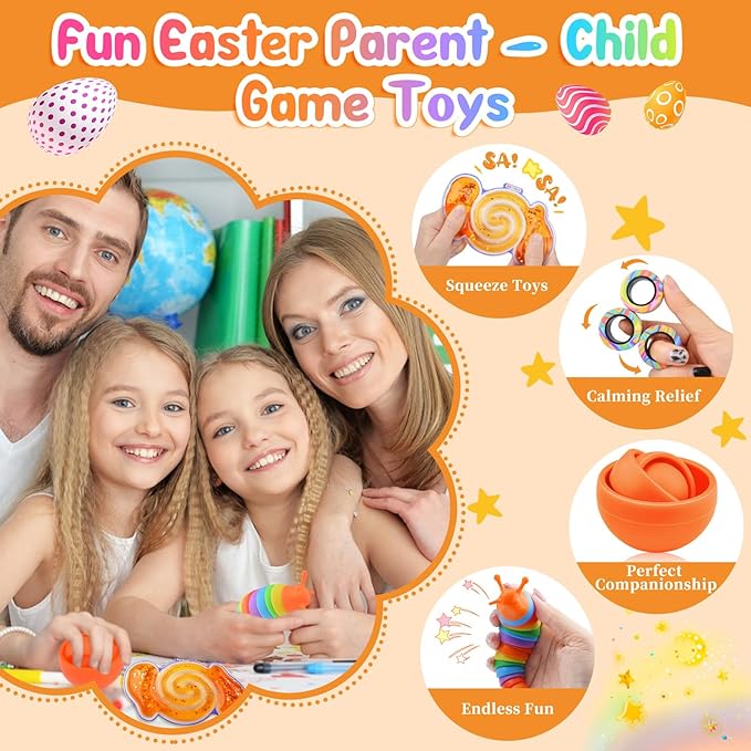 Cevioce 5Pcs Fidget Toys Adults Pack,Easter Basket Stuffers for Teens Boys,Autism Sensory Toys with Fidget Spinner Slug Magnetic Rings,Squishy Fidget Toys ADHD Stress Relief,Party Favor for Kid-O