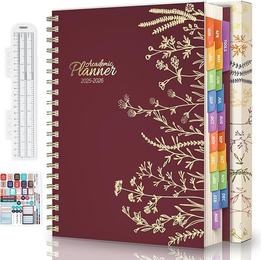 Jun 2025-Dec 2026 Academic Monthly Weekly Daily Planner for School, 19 Months Calendar 25-26 Planning Book with Colorful Tabs, 8.5" x 11" Mid Year College Organizer for Student Teacher (Bordeaux)