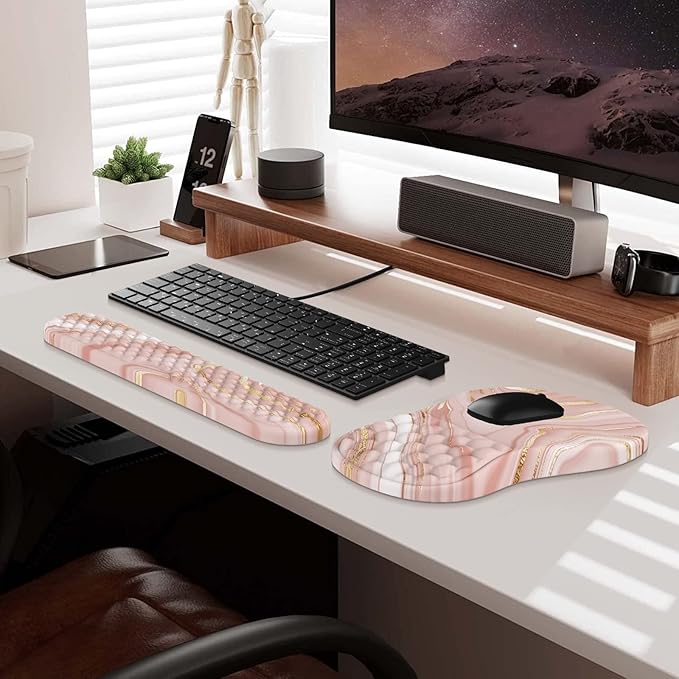 HAOCOO Keyboard Wrist Rest, Ergonomic Mouse Pad with Wrist Rest, 3 in 1 Keyboard and Mouse pad with Coaster Set, Memory Foam Wrist Support, Non-Slip PU Base for Home Office, Rose Gold Pink