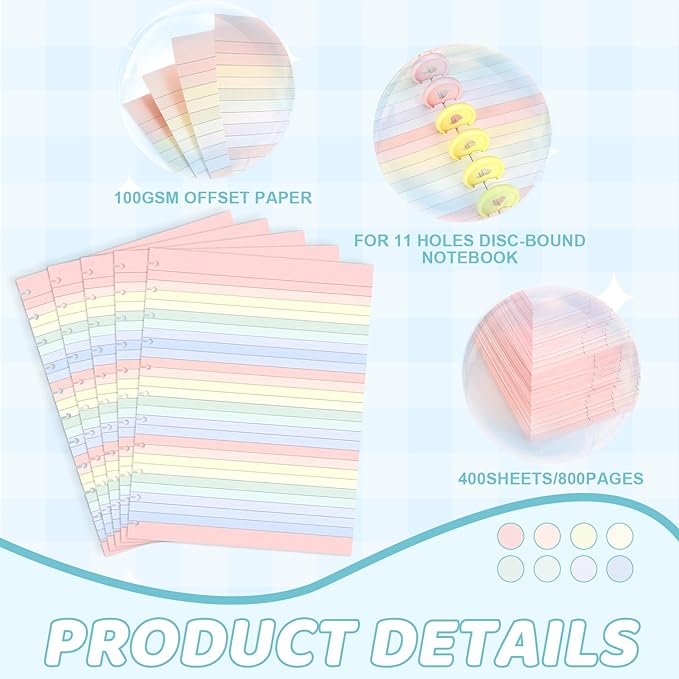 Letter Size Discbound Refill Paper 8.5'' X 11'' 400 Sheets 800 Pages Colored Discbound Planner Inserts 100GSM Lined Paper Refill Wide ruled for 11 Disc Notebooks Note-Taking