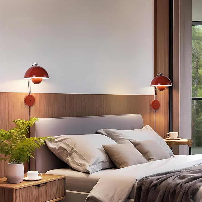 COSYLUX Modern Sleek Plug in Wall Sconce, Hardwired & Corded 2in1 Design Metal Wall Light Fixtures for Bedroom Bedside Reading, Mid-Century Flower Bud Wall Sconces with Switch, Red