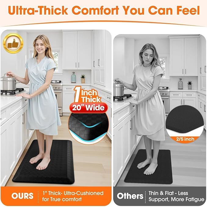 StepRite 1” Thick Kitchen Mats for Floor, Anti Fatigue Kitchen Rugs, Non-Slip,Heavy Duty Waterproof Kitchen Rug, Standing Desk Mat for Home, Kitchen, Office, (Black)