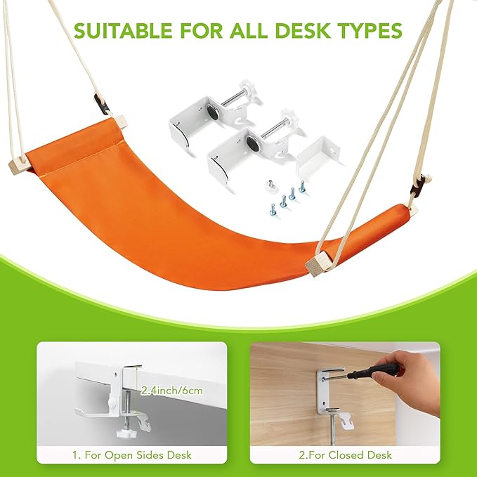 iMissiu Foot Hammock Under Desk | iMissiu Adjustable Office Foot Rest | Portable Footrest with Headphones Holder (Orange)