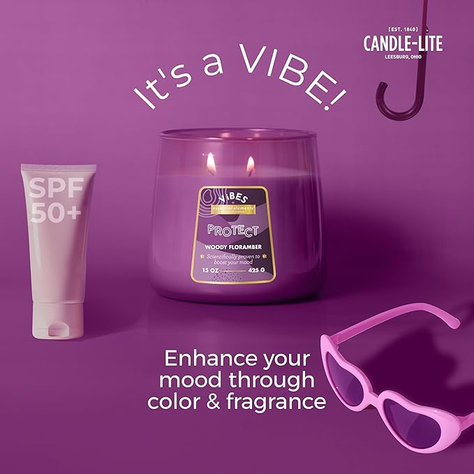 Candle-Lite Vibes Woody Floramber Mood-Enhancing Scented Candles, 15 oz Jar, Aromatherapy, Proudly Poured in The USA, 2-Wick, 86 Hours Burn Time, Perfect Relaxation Gift