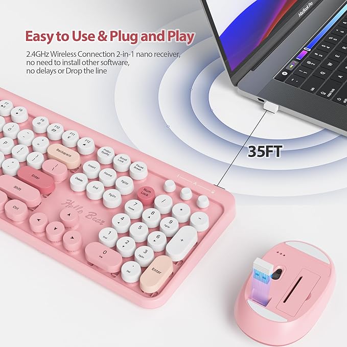 Fogruaden Wireless Keyboard and Mouse Combo, Pink Retro Typewriter Keyboard, 2.4GHz Full Size Round Keycap Cute Computer Keyboard with Number Pad, Pink Colorful Keyboard for Windows PC Laptop(Pink)