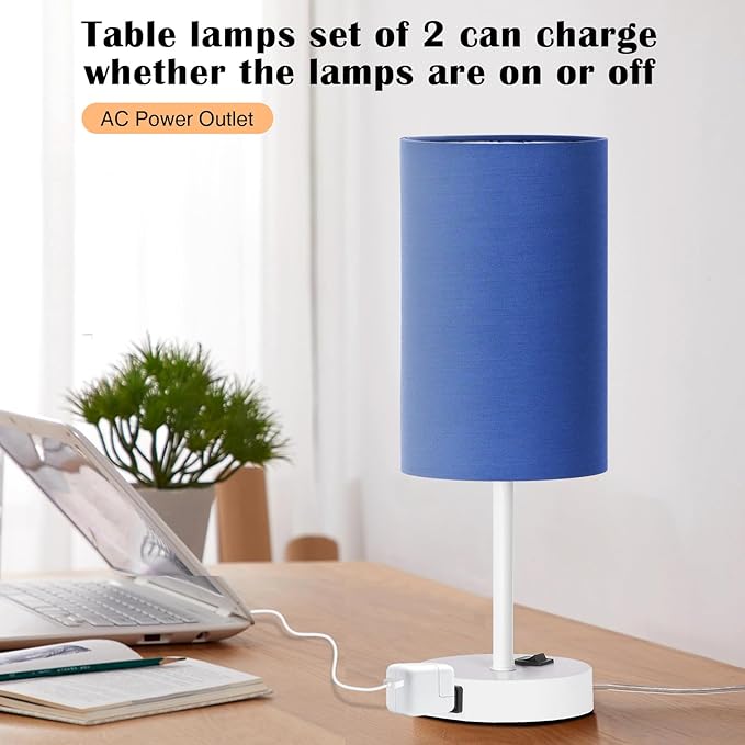 ZJOJO Table Lamp for Bedroom Set of 2, Bedside Small Lamps with 3 Way Dimmable Rocker Switch and AC Outlet, Nightstand Desk Lamp with Blue Fabric Shade White Base for Living Room Home Decor Lights