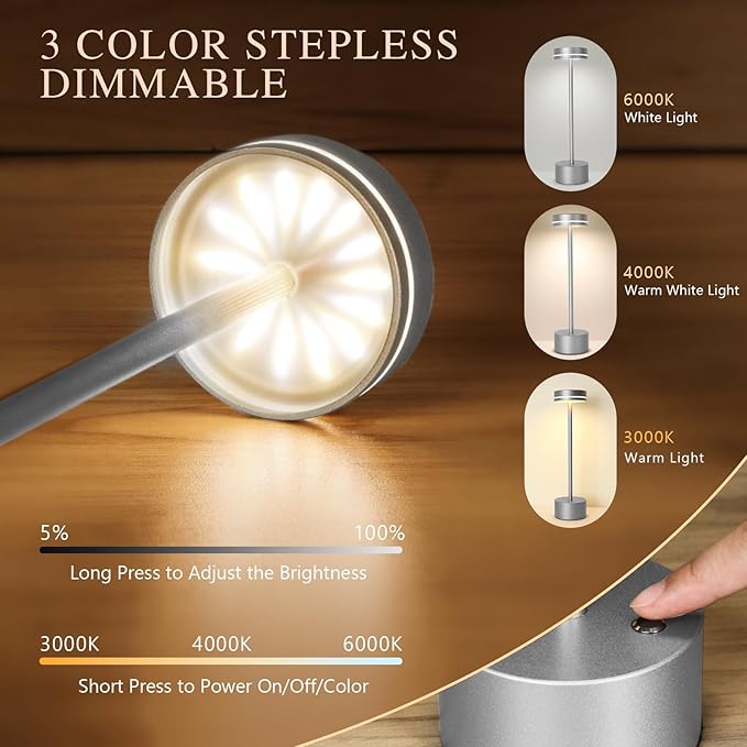 2 Pack Cordless Table Lamp,Bedside Table Lamp for Bedroom,5000mAh Battery Operated Portable LED Desk Lamp,3 Way Dimmable Touch Lamp USB C Charging Ports for Living Room, Desk,Dining Room(Silver)