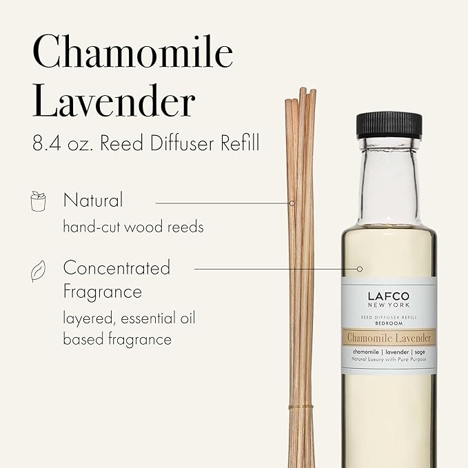 LAFCO New York Reed Diffuser Refill, Chamomile Lavender - 8.4 oz - Up to 4-Month Fragrance Life - Includes Natural Wood Reeds - Free of Dyes & Propellants - Made in The USA