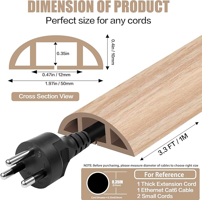 Floor Cord Cover Self Adhesive Cord Hider,3.3FT Cable Management, Extension Strip Protector for Wires, Prevent Cable Trips for Offices, Gyms, Exhibitions Cavity:0.47"(W) x0.35(H) WoodLightyellow