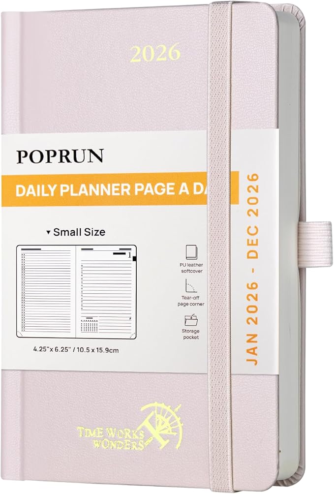 POPRUN 2026 Daily Planner One Page Per Day A6 Size Calendar (4.25" x 6.25") - 12 Months Hourly Appointment Book with Hardcover, Monthly Tabs, Pocket, Pen Holder - Light Pink