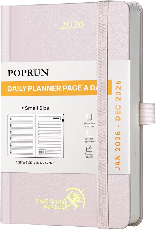 POPRUN 2026 Daily Planner One Page Per Day A6 Size Calendar (4.25" x 6.25") - 12 Months Hourly Appointment Book with Hardcover, Monthly Tabs, Pocket, Pen Holder - Light Pink