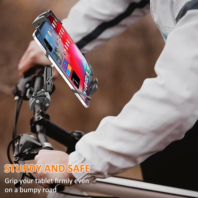 Motorcycle Bike Tablet Holder [Strong Stability & Durability] Bicycle Boat Stroller Gym Spin Bike Treadmill Tablet Mount Handlebar Clamp for iPad Pro Air Mini, Galaxy Tab, Kindle, Phone, 4-13"