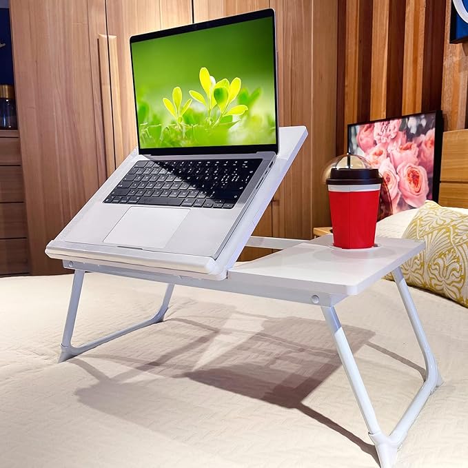 CloudTrip Laptop Desk for Bed or Couch, Lap Desk, Woking in Bed Desk, Home Office Desks, Breakfast Tray, Desk with Cup Holder, Watching Movies in Bed, Laptop Stand for Bed, Fordable Legs Desk (White)