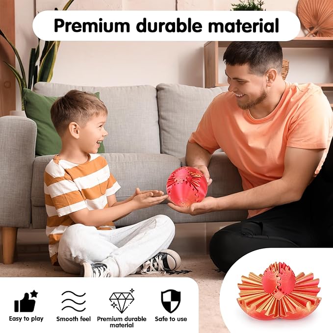 Gear Ball 3D Printed Spin Ball or Cube Fidget Toy,Gear Sphere Fidget Toy,Fidget Ball Gear Toy for Stress and Anxiety Relief, Stress Ball GearSphere Desk Toy for Adults & Kids(Golden Red, 3.1 Inch)