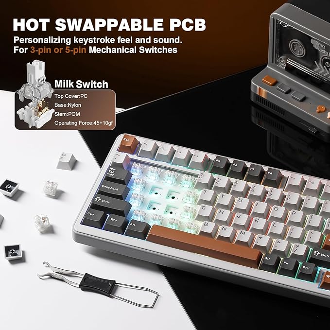 YUNZII B75 PRO Wireless Mechanical Keyboard,75% Layout with Knob,Hot Swap Gasket Custom Structure,Creamy Pre-lubed Switches,RGB Backlit,Bluetooth/Type-C/2.4G for Win/Mac(Milk Switch,Grey)