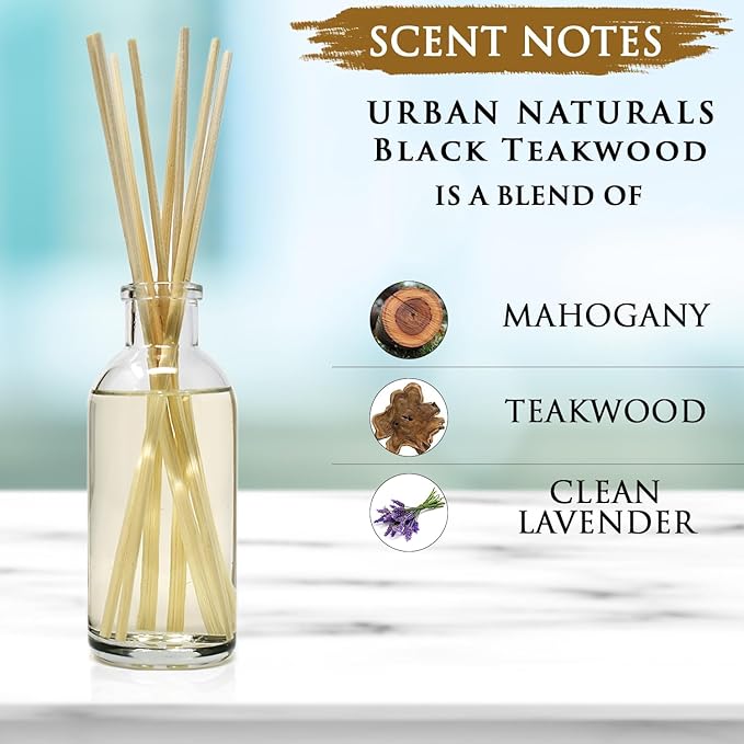 Urban Naturals Black Teakwood Reed Diffuser Scent Sticks Gift Set | Mahogany & Black Teakwood blend with Lavender, Geranium & Oak Wood | Scented Oil for Mid to Large Size Rooms. Vegan. Made in the USA