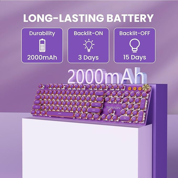 EWEADN V20 Typewriter Keyboard Wireless, 104 Keys Typewriter Style Mechanical with White Backlit, Media Knob, Pink Switch 2.4G/Bluetooth/USB-C Wired Retro Full Size Keyboard for Windows/Mac/PC-Purple