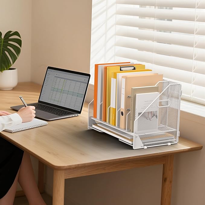 Desk File Folder Holder Organizer-5 Vertical Compartments Racks and Paper Letter Tray,Mesh Magazine File Holder Sorter,Desktop Accessories & Workspace Organizers for Home,Office,School-White