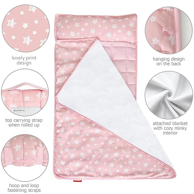 Moonsea Toddler Nap Mat Pink and Fleece Minky Blanket, Lightweight and Soft Perfect for Kids Preschool, Daycare, Travel Sleeping Bag for Girls, 21" x 50" Fit on a Standard Cot
