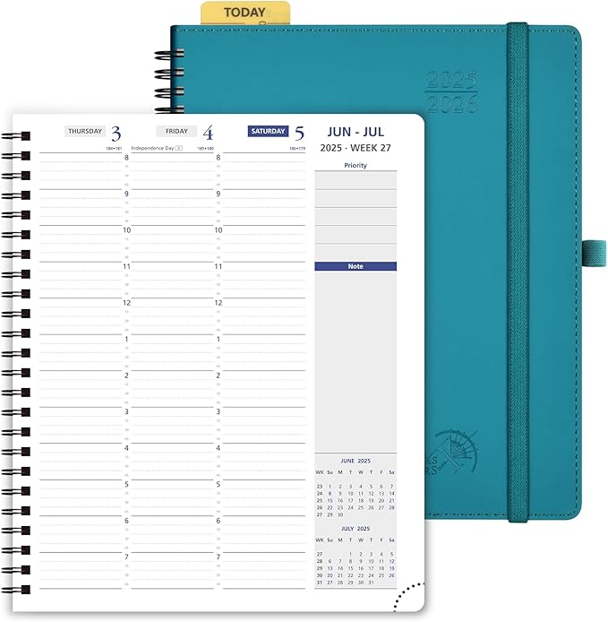 POPRUN 2025-2026 Weekly Planner 7.25'' x 8.25''Academic Spiral Appointment Book (July 2025-June 2026) with Quarter-Hourly Schedule, Monthly Tabs, Leather Softcover, Inner Pocket - Pacific Green