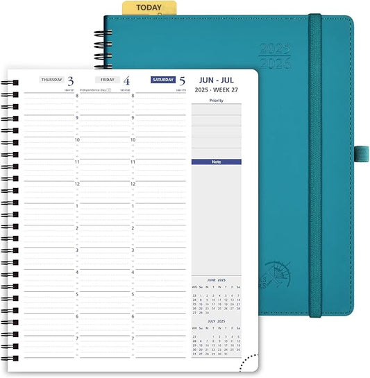 POPRUN 2025-2026 Weekly Planner 7.25'' x 8.25''Academic Spiral Appointment Book (July 2025-June 2026) with Quarter-Hourly Schedule, Monthly Tabs, Leather Softcover, Inner Pocket - Pacific Green