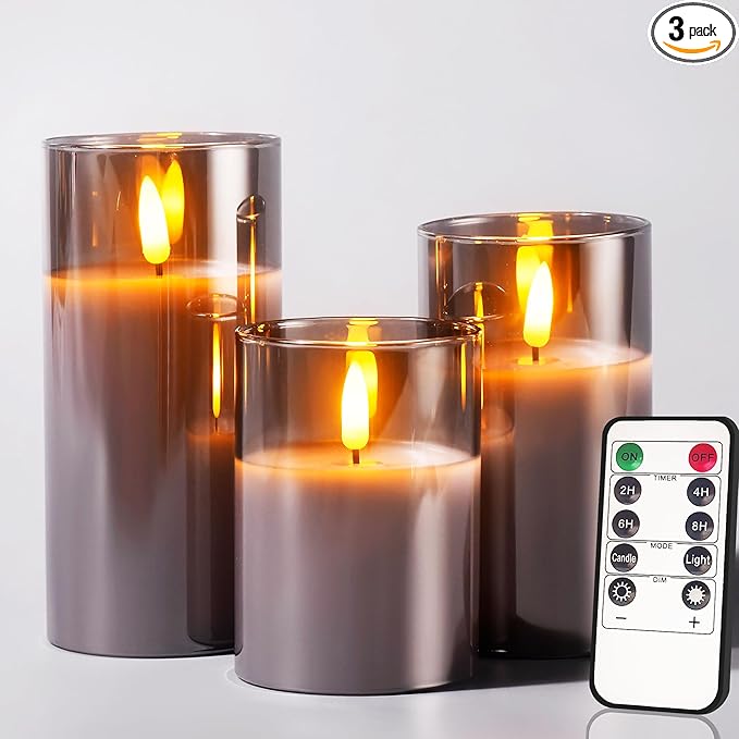 Glass Battery Operated LED Flameless Candles with Remote and Timer, Real Wax Candles Warm Color Flickering Light for Festival Wedding Home Party Decor(Pack of 3)-Grey