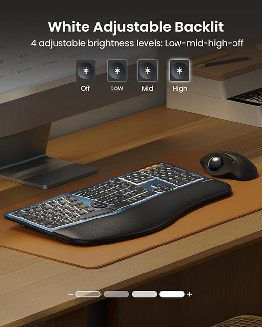 ProtoArc Backlit Bluetooth Ergonomic Keyboard, EK01 Plus Full Size Wireless Split Keyboard with Dual Bluetooth and USB, Cushioned Wrist Rest, Rechargeable, Compatible with Windows/Mac/Android, Blue