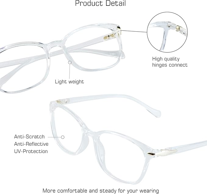 VisionGlobal Blue Light Blocking Glasses for Women, Anti Eyestrain, Computer Reading, TV Glasses, Stylish Square Frame, Anti Glare(Clear,+1.00 Magnification)