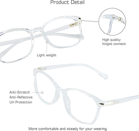 VisionGlobal Blue Light Blocking Glasses for Women, Anti Eyestrain, Computer Reading, TV Glasses, Stylish Square Frame, Anti Glare(Clear,+6.00 Magnification)