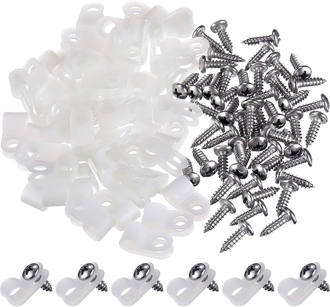 Hicarer 50 Pack R-Type Cable Clip Wire Clamp, Nylon Screw Mounting Cord Fastener Clips with 50 Pack Screws for Wire Management (White, 1/4 Inch)